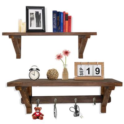 China Hot Sale Europe Antique 4 Hooks Multifunctional Brown Wood Wall Shelf Wall Mounted Shelf for sale