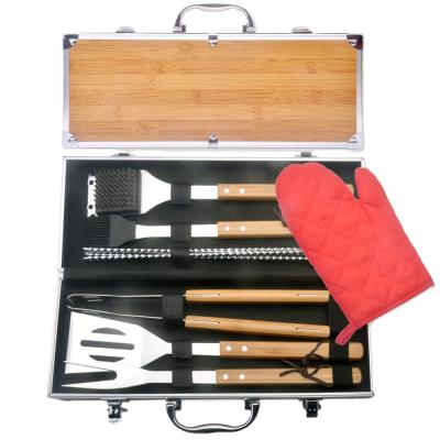 China Easily Cleaned Bamboo Handle 12pcs BBQ Tool Kit With Case 13pcs Bamboo Pattern Hot Sale High Quality for sale