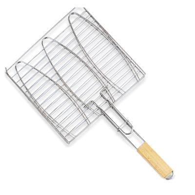 China Easily Cleaned Triple Fish Grilling Basket With Wooden Handle for sale