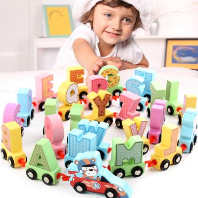 China Expand Creativity Alphabet Train Track Tunnel Set Threading Bead Puzzle Educational Toys Learning Wooden Building Block Toys For Children for sale