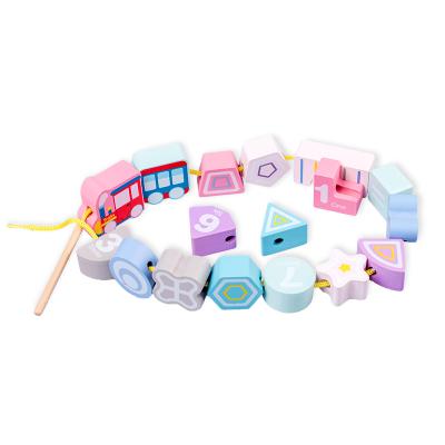 China 3D Teaching Tools Baby String Wear Wooden Study Rope Colorful Number Blocks Train Sorter Toys Threading Bead Train For Kids for sale