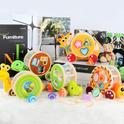 China Help To Walk Early Educational Children Long Walk Wooden Toy Animal Shape Car Hand Rope Pull Sliding Toy Baby Car Play Toy for sale