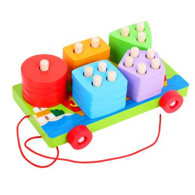 China Improve Child Ability Manual Children Learning Geometry Matching 5 Sets Truck Colorful Shape Trailer Building Blocks Pull String 3D Wooden Puzzle for sale