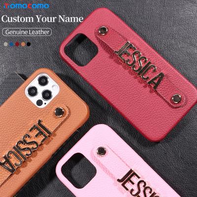 China Custom Real Cowhide Phone Cover iPhone 14 Luxury Leather Shockproof Coque Metal Letters For Pro Max Name DIY Cover for sale