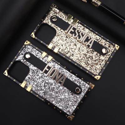 China Glitter DIY Name Shockproof Custom Strap Personalized Leather Phone Case For iPhone 14 Pro Max Striped Letter Cover for sale