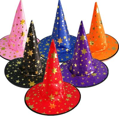 China COS Decorations Halloween Hat Child's Adult Masquerade Dress Up Magic Bronze Star Pentagon Witch Hat for sale