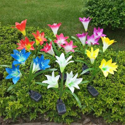 China Beautiful and Colorful LED Artificial Flower 4 Lily Flower Solar Led Flower Light for Lawn Garden Decoration for sale