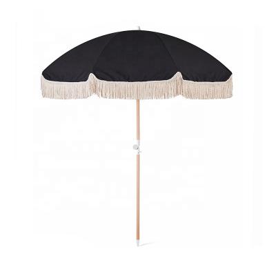 China Modern Sun Protect Parasol Outdoor Vintage Beach Patio Luxury Wooden Tassel Umbrella With Design Parasol for sale