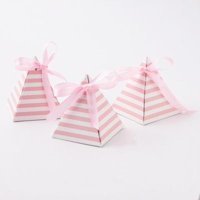 China DIY Gift Box Wedding Party Favor Box Pink Striped Pyramid Candy Bag Chocolate Gift Box Birthday Bridal Shower Bomboniere With Ribbons for sale