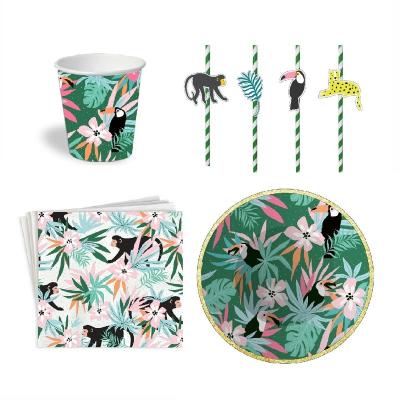 China Wholesale Summer Boho Tropical Decorations Set Paper Plate Cup Napkin Bulk Custom Straw Table Party Ware 17.5cm Diameter Or Customize for sale