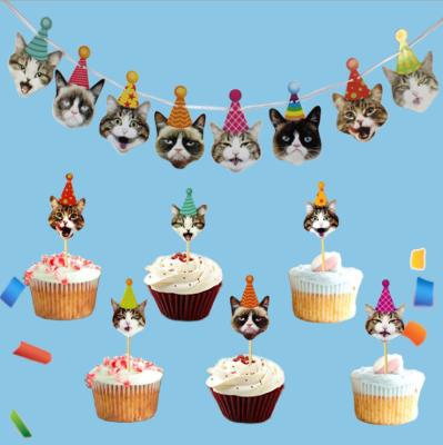 China 32pcs Cat Face Dress Up Dress Cat Birthday Party Costume Banner Animal Funny Expression Cake Card Topper for sale