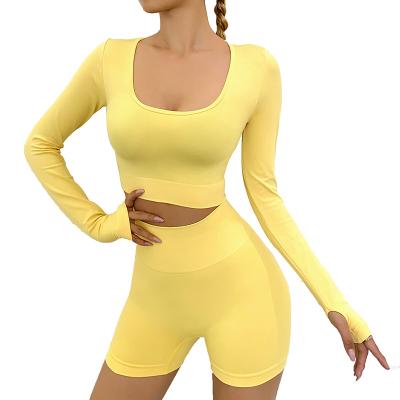 China 2022 Hot Selling Tiktok Women's Breathable Workout Sets Yoga Set Ribbed Two-Piece Long Sleeves Sports Bra Shorts Custom Knit Women's Suit for sale