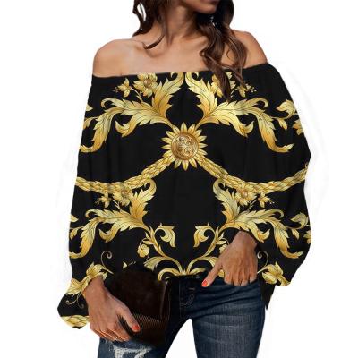 China European Flower Gold Anti-pilling Design Off The Shoulder Blouses Women Women Casual Chiffon Tops And Shirts for sale