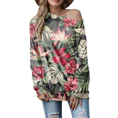 China Anti Pilling Plus Size Tops Clothing For Women Black Off Shoulder Palm Plumeria Banana Leaf Floral Print Casual Long Sleeve Sweater Tops for sale