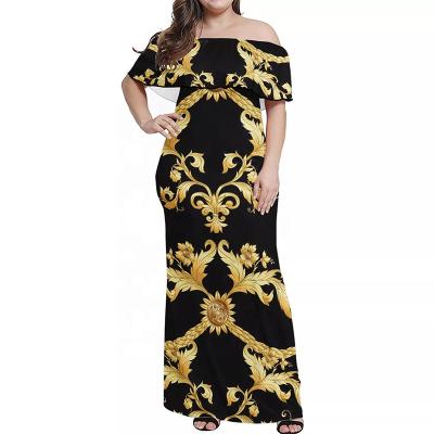 China Anti-static european baroque flower gold pattern seamless design printed women ruffle off shoulder dress fashion clothes for sale