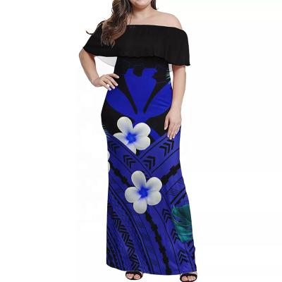 China Maoli Hawaii Anti-Static Traditional Tribal Plumeria Flag Samoa Kanaka Polynesian Designer Casual Women Off Shoulder Ruffle Blue Dress for sale