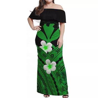 China Anti-Static Maoli Hawaii Traditional Tribal Plumeria Flag Custom Samoa Kanaka Polynesian Polynesian Green Casual Ruffle Off Shoulder Dresses for sale