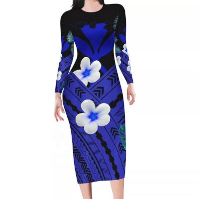 China Anti-Static Maoli Hawaii Traditional Tribal Plumeria Flag Samoa Kanaka Polynesian Blue Long Sleeve Bodycon Dress Women's Clothing for sale