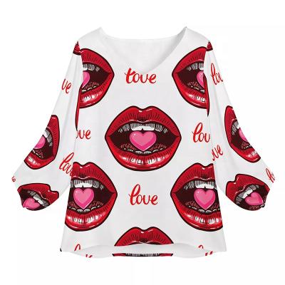 China Anti-pilling Women's Autumn Boutique Clothes Red Lips Personalized T-shirt Summer V-neck Long Sleeve Casual Blouses Shirt Tops for sale