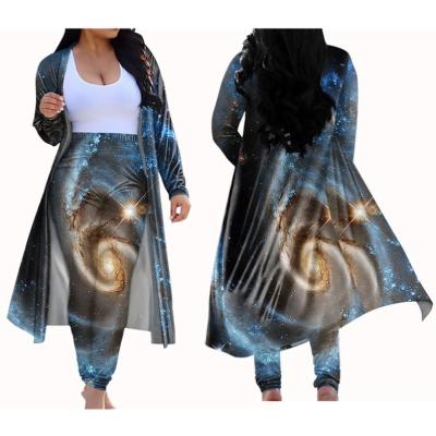 China Plus Size Starry Sky Print Birthday Outfits For Women Plus Size Long Cardigan And Leggings Set Elastic Ladies Sping Autumn Clothes for sale