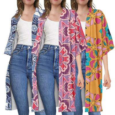 China QUICK DRY Ethnic Floral Pattern Loose Pattern 3/4 Batwing Sleeve Beach Cover Up Long Open Front Ladies Casual Women Jacket Cardigan for sale