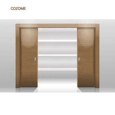 China Modern Soft Narrow Sliding Pocket Wall Partition Doors Double Wood Glass Interior Kitchen for sale