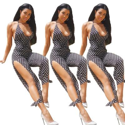 China Sustainable fashion off the shoulder sling polka dot print sexy split rompers and jumpsuits for women for sale