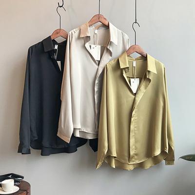 China Factory Spring Design Long Sleeve Shirt Women QUICK DRY Black Silk Loose Female Wholesale QUICK DRY Blouse V Neck Shirt for sale