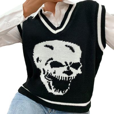 China Factory Halloween Women's Jacquard Skull Pattern Knitted Sleeveless Anti-pilling Sweater Vest Anti-pilling Sweater Autumn V Neck for sale