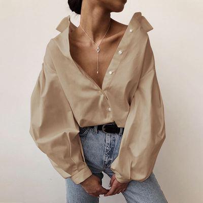 China Single Breasted Women's Anti-Pilling Women's Long Sleeve Lantern Sleeve Top Autumn Shirt Lapel Blouse for sale