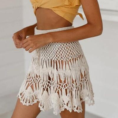 China Factory wholesale fashion breathable solid color seaside hollow crochet skirt shorts 2021 skirt European women's clothing for sale