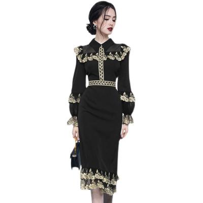 China Factory Wholesale Lapel Dress Anti Wrinkle Lace Anti Wrinkle Slim Ruffled Slimming Women High Waist for sale