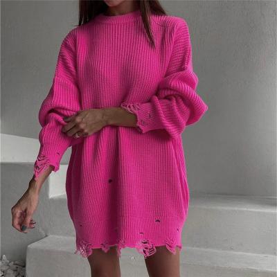 China Wholesale Anti Shrink Dress Factory Solid Color Ripped Winter Apparel Anti Shrink Knitting Long Sleeve Plus Size Acrylic Sweater Women for sale