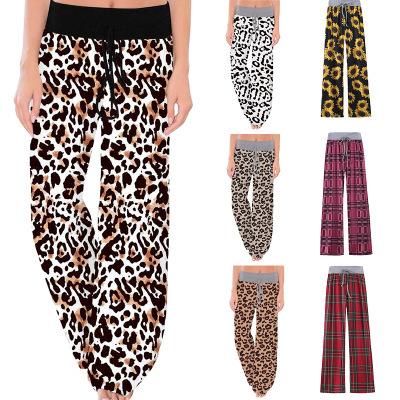 China Wholesale Anti-Static Leopard Print Stretch Drawstring Pajamas Pants Wide Leg Stacked Track Female Legging Pants For Women for sale