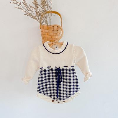 China 2021 Wholesale Cotton Factory Spring Babies Plaid Knit Sweater Jumpsuit Donkey Romper Triangle Babies Jumpsuit for sale