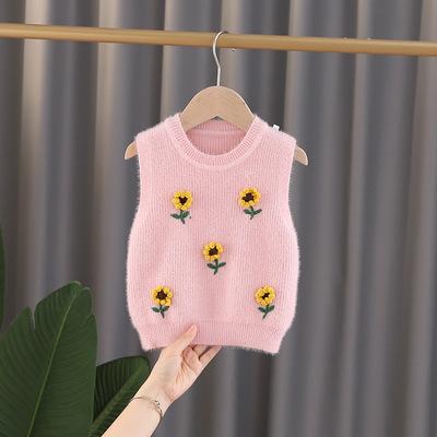 China Wholesale Anti-shrink Children's Sunflower Mink Fleece Sweater Baby Embroidery Knit Vest Kids for sale