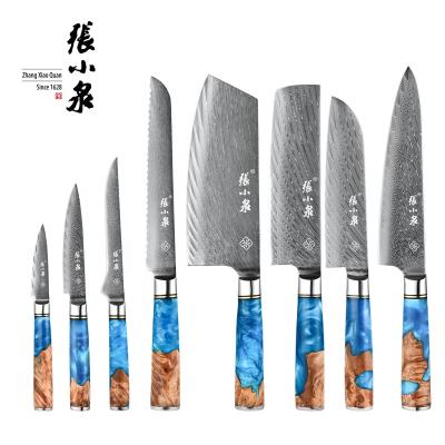 China Sustainable Synthetic Resin Handle Flatware Set Stablized Resin Damascus Wood Knife Set for sale