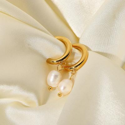 China Cute Barlaycs 18K Gold Plated Luxury Stainless Steel C Shape Designer Hoop Earrings 2021 Pendant Charms Drop Pearl Earrings Wholesale for sale