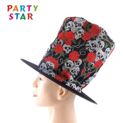 China Fancy Halloween Props Party Hats Red Rose Flower Printed Halloween Magician Party Top Hat For Adult for sale