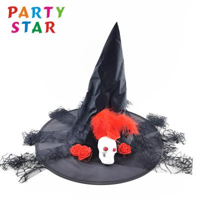 China Fashionable Halloween Polyester Skull Hat Eva Ornament Flower Black Mesh Witch Hat Party Decoration Eco-friendly Hat for sale