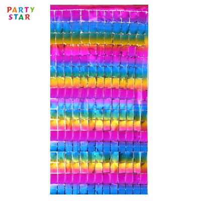 China 2021 Daily Party Colorful Rainbow Wall Background Party Decoration Foil Curtains Birthday Party Square Curtain for sale