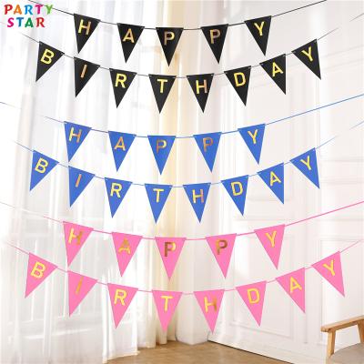 China Eco Friendly Triangle Flag Happy Birthday Backdrop Pull Up Banner Outdoor Gold Foil Stamping Party Banner Set for sale