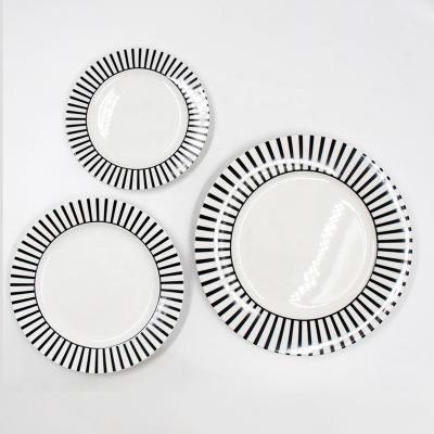 China Sustainable Black Striped Printed Ceramic Dessert Plates With White Background For Home for sale