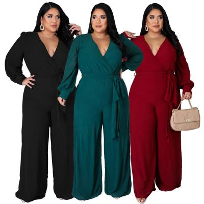 China 2021 LANOZY Anti-wrinkle Autumn Overalls Women Loose V-Neck Bandage Long Sleeve Wide Leg Pants Plus SizeJumpsuits for sale