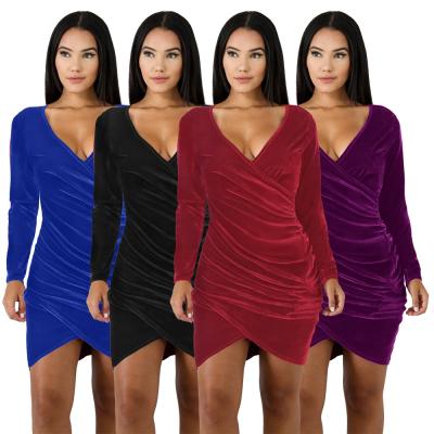 China 2022 LANOZY High Quality Breathable Elegant Asymmetrical Wrap Sleeve Velvet Ruched Evening Long Mini Bodycon Dress for sale