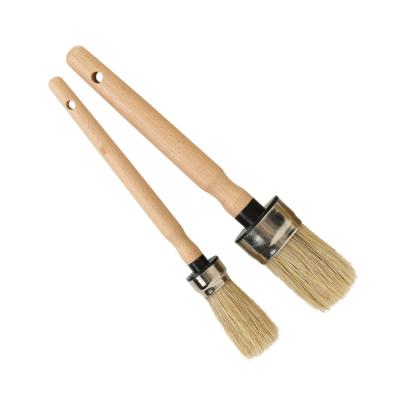 China Decorating Tool Natural Boar Hair Bristle Brush Round Head Detailing Brush Circular Car Brush With Varnished Wooden Handle for sale