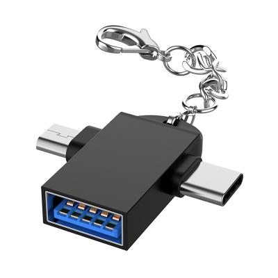 China Android 2020 New Customize OEM Logo Type-C Micro USB V8 Adapter 2 in 1 OTG Data Connector with Key Chain for sale