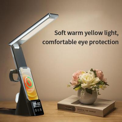 China New Modern 15W EyeCaring 3 in 1 LED Desk Lamp with Alarm Clock QI Mobile Wireless Charger Lamp for sale