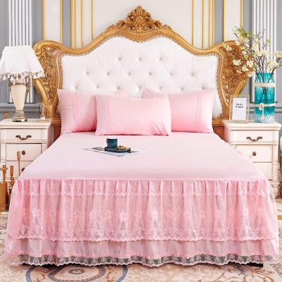 China Luxury Lace Embroidery Home Bed Skirt Ruffled Home Bed Skirt Cover Bedding Set for sale