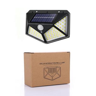 China 100LED Solar Warehouse Lamp 3 Mode PIR Motion Sensor Four Side Lighting IP67 Waterproof Wall Lamp Suitable For Outdoor Yard Garden for sale